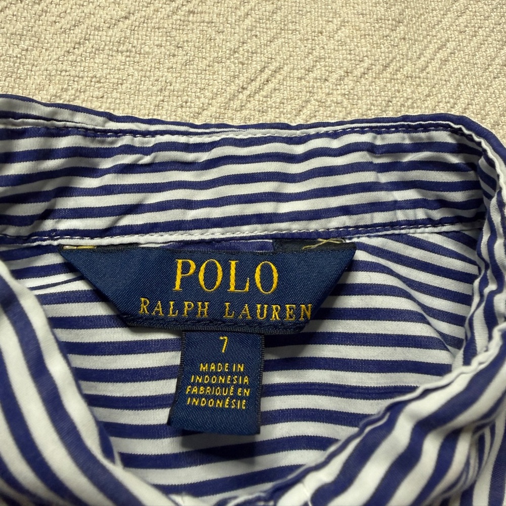 Ralph Lauren Polo Girls White Blue Striped Poplin Cotton Shirt Dress 7 Preppy - Picture 7 of 9